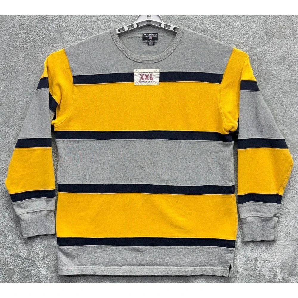 Polo Jeans Co Ralph Lauren Shirt Mens M Yellow Gray Stripe Crew Y2K‎ Streetwear